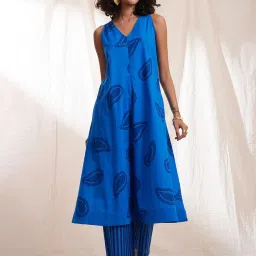 Pink Fort Blue Cotton Paisley Print A Line Kurta image 1