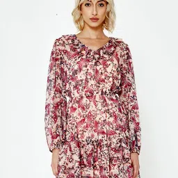 Cover Story Beige Printed Skater Dress image 1