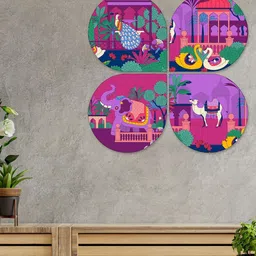ArtVibes Purple & Pink 4 Pieces Printed Rajasthani Animal Decorative Wooden Wall Art-image-34