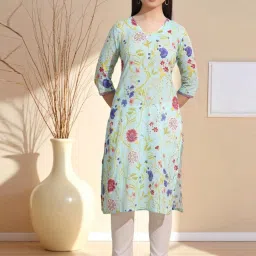 W for Woman Light Blue Floral Printed Pure Cotton Straight Kurta image 1