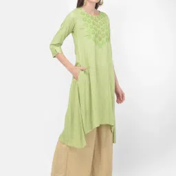 Span Green Cotton Embroidered A Line Kurta image 4