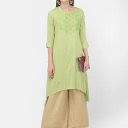 Span Green Cotton Embroidered A Line Kurta image 5