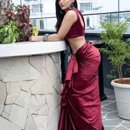 ODETTE Solid Satin Saree With Blouse Piece image 1