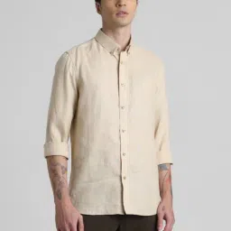 Jack & Jones Beige Linen Slim Fit Texture Shirts-picture-11