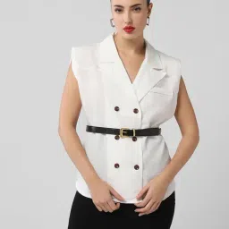 SHOWOFFFF White Cotton Regular Fit Top With Belt-image-35