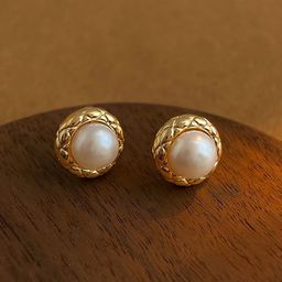 VAGHBHATT Gold-Plated Pearls Beaded Textured Rim Circular Studs-picture-9