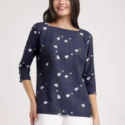 Fablestreet Navy Floral Print Top-image-52