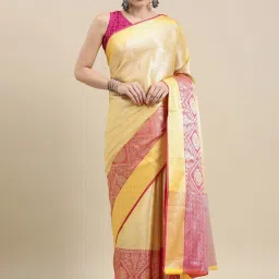 Banarasi Silk Works Yellow Silk Woven Saree With Unstitched Blouse image 1
