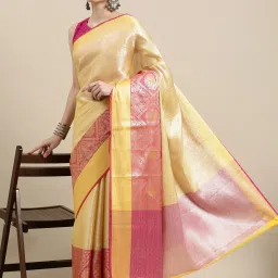 Banarasi Silk Works Yellow Silk Woven Saree With Unstitched Blouse image 3