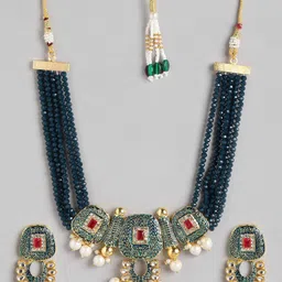 Anouk Green Beaded Kundan Pendent Layered Choker Earring Set-picture-56