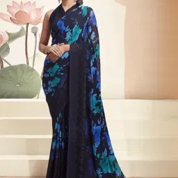 Satrani Navy Floral Print Saree With Unstitched Blouse-picture-10