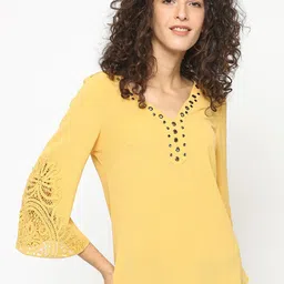 Gipsy Women Yellow Solid A-Line Top-picture-22