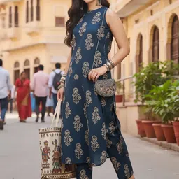 AADVIKA Ethnic Motifs Printed Round Neck Straight Kurta with Trousers-picture-27