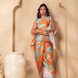 MABISH by Sonal Jain Floral Printed V-Neck Kaftan Top With Skirt Co-Ords-image-82