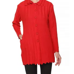 lady willington Women's Woolen V-Neck Cardigan - Printed Heavy Daffodil Fabric Winter Wear Pure Wool Cardigan for Women - Free Size Long Cotty - Fully Warm - RED, 3XL image 1