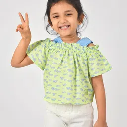 Tales & Stories Cold Shoulder Half Sleeves Clouds Printed Top - Mint Green-picture-11