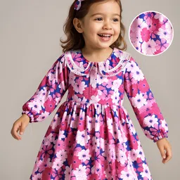Babyhug Viscose Woven Full SleevesPeter Pan Collar Frock & Head Band With Floral Print -Pink-picture-16