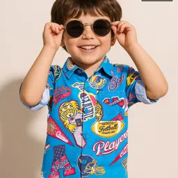 Babyhug Cotton Knit Full Sleeves Varsity Printed Shirt - Blue-picture-10