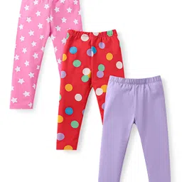 Babyhug Cotton Lycra Knit Full Length Leggings with Polka Dots & Star Print Pack of 3 - Pink Red & Lilac-picture-23