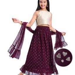 Pine Kids Woven Singlet Sleeves Foil Printed Choli Lehenga Set with Dupatta - Wine-picture-19
