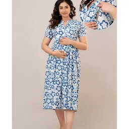 CeleBravo Cotton Half Sleeves Floral Printed Maternity Dress With Nursing Access - White & Blue-image-51