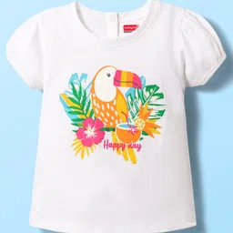 Babyhug Cotton Knit Half Puffed Sleeves T-Shirt with Bird Print - White-picture-22