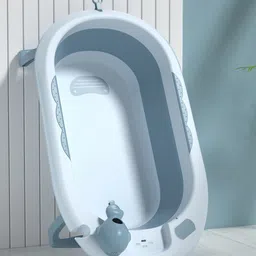 Babyhug Foldable Baby Bath Tub with Drain Plug | Compact Fold and Travel Friendly| Non-slip Base| Smooth Rounded Edges| Shampoo Rinse Cup - Light Blue-image-89