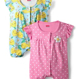 Babyhug 100% Cotton Frill Sleeves Tropical Theme & Polka Dots Printed Romper Pack Of 2 - Pink & Turquoise-picture-12