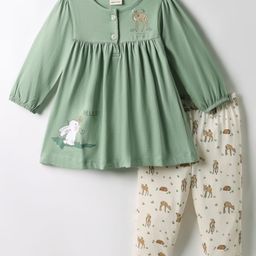 CUCUMBER Sinker Knit Full Sleeves Night Suit with Animal Print - Mint-picture-15