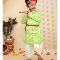 BownBee Taffeta Woven Janmashtami Theme Full Sleeves Lord Krishna Costume Set - Green-image-73