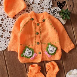 Woonie Hand Knit Full Sleeves Bear Applique Detailed Crochet Cardigan With Cap & Booties - Orange-picture-10