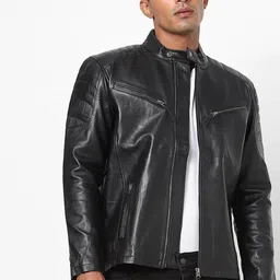 Tortoise Mandarin Collar Lightweight Leather Jacket-picture-1