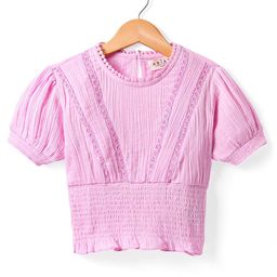 ARIAS By LARA DUTTA Girls Round Neck Puff Sleeves Lace Inserts & Smocked Details Top-picture-4