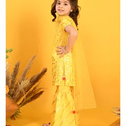 Saka Designs By Sapna Short Sleeves Leaf Swirl Foil Printed Kurta With Foil Striped Sharara & Dupatta - Yellow image 5