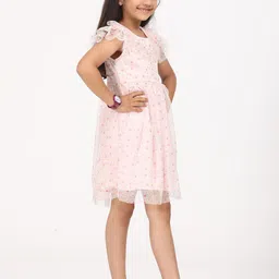 ZION Girls Floral Printed Flutter Sleeves Ruffled Net Fit & Flare Dress image 5