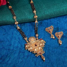 Abdesigns Gold Plated Southindian Temple Black Beaded Kemp Stone Mangalsutra & Earrings Set image 1