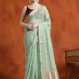 Jaipur Kurti Green Woven Saree With Unstitched Blouse image 1