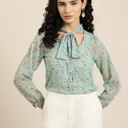 Qurvii Sea Green Floral Print Top image 1