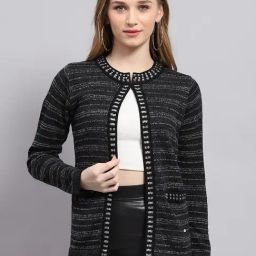 Monte Carlo Black Wool Blend Self Full Sleeve Cardigan-picture-26