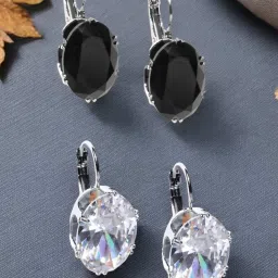 OOMPH Silver Tone Large Oval Black and White Cubic Zirconia Drop Earrings Pack of 2 image 1