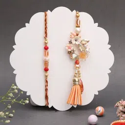 Aapno Rajasthan Orange Mauli Inspired Floral Casual Rakhi with Roli Chawal & Greetings Card-image-18