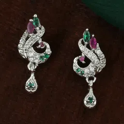 Estele Rhodium-Plated CZ Peacock Design Drop Earrings image 1
