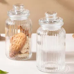 Nestasia Premium Quality Transparent Ribbed Glass Storage Container With Lid Set Of 2 (1300ml Each) image 1