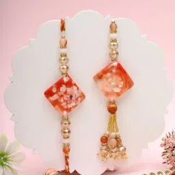 Aapno Rajasthan Orange Amber Charm Casual Rakhi with Roli Chawal & Greetings Card-image-99