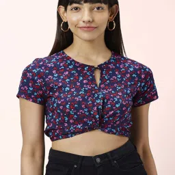 People by Pantaloons Blue Floral Print Crop Top image 1