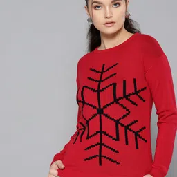 STREET 9 Women Red & Black Self Design Sweater image 4