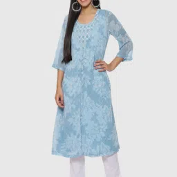 Biba Blue Printed A Line Kurta With Jacket image 1