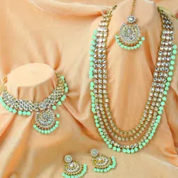Peora Gold-Plated Kundan Beads Bridal Choker Long Necklace Earrings Maangtikka Wedding Jewellery Set-picture-18