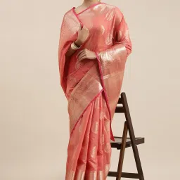 Banarasi Silk Works Red Silk Woven Saree With Unstitched Blouse image 3