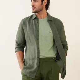 Andamen Olive Linen Slim Fit Solid Shirt image 1